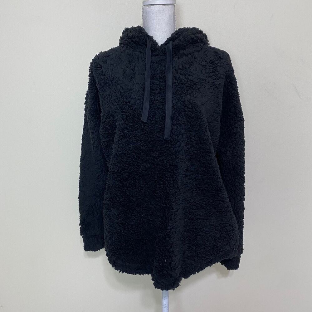 Active USA Fur Faux Hooded Jacket Womens Cozy Soft Sweater Black Large